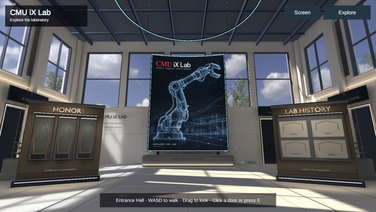 The tall CMU iX Lab entrance gallery with its vertical media screen